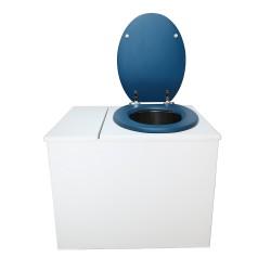 Toilette sèche en bois blanc avec bac intégré, abattant bleu, seau inox et bavette inox. Hauteur PMR 50 cm.