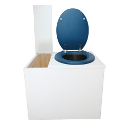 Toilette sèche en bois blanc avec bac intégré, abattant bleu, seau inox et bavette inox. Hauteur PMR 50 cm.