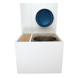 Toilette sèche en bois blanc avec bac intégré, abattant bleu, seau inox et bavette inox. Hauteur PMR 50 cm.