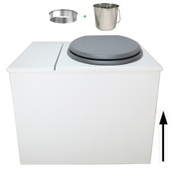 Toilette sèche en bois blanc avec bac intégré, abattant gris, seau inox et bavette inox. Hauteur PMR 50 cm.