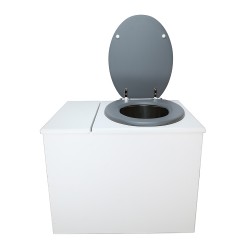 Toilette sèche en bois blanc avec bac intégré, abattant gris, seau inox et bavette inox. Hauteur PMR 50 cm.