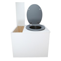 Toilette sèche en bois blanc avec bac intégré, abattant gris, seau inox et bavette inox. Hauteur PMR 50 cm.