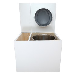 Toilette sèche en bois blanc avec bac intégré, abattant gris, seau inox et bavette inox. Hauteur PMR 50 cm.
