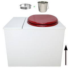 Toilette sèche en bois blanc avec bac intégré, abattant rouge, seau inox et bavette inox. Hauteur PMR 50 cm