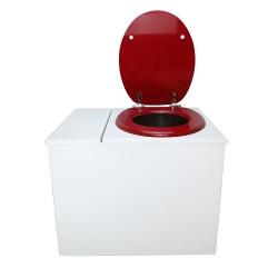 Toilette sèche en bois blanc avec bac intégré, abattant rouge, seau inox et bavette inox. Hauteur PMR 50 cm