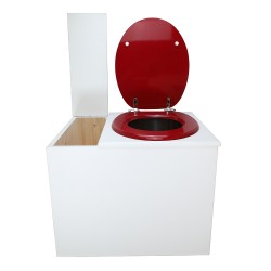 Toilette sèche en bois blanc avec bac intégré, abattant rouge, seau inox et bavette inox. Hauteur PMR 50 cm