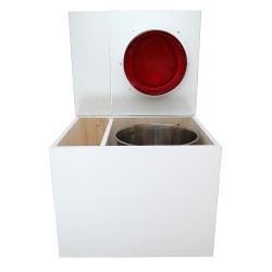 Toilette sèche en bois blanc avec bac intégré, abattant rouge, seau inox et bavette inox. Hauteur PMR 50 cm