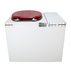 Toilette sèche en bois blanc avec bac intégré, abattant rouge, seau inox et bavette inox. Hauteur PMR 50 cm