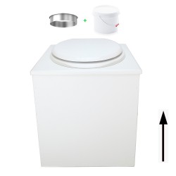 Toilette sèche en bois blanc avec seau plastique 22L, bavette inox, abattant blanc. Modèle rehaussé PMR