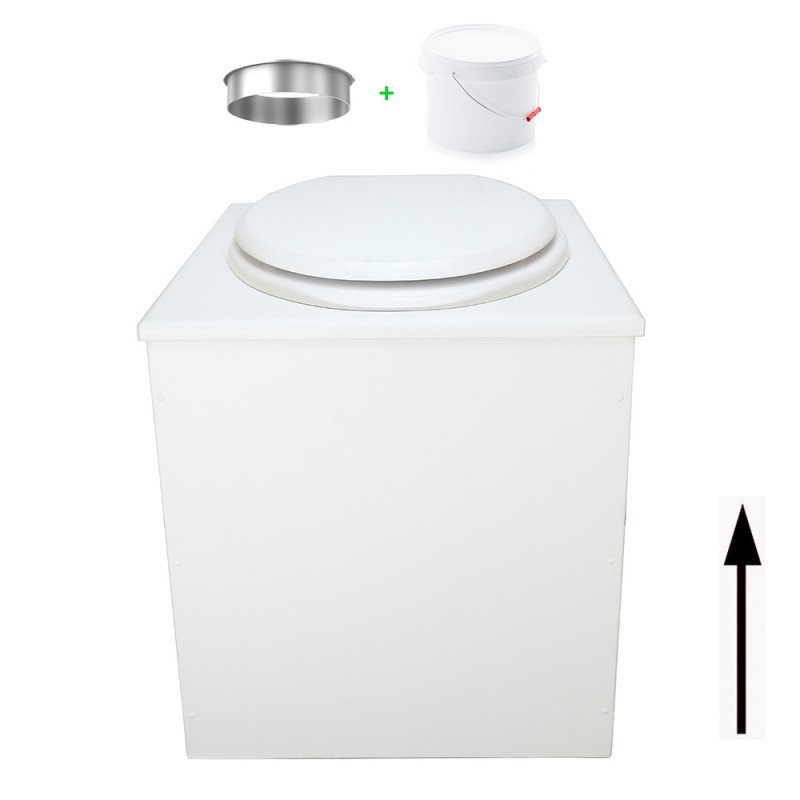 Toilette sèche en bois blanc avec seau plastique 22L, bavette inox, abattant blanc. Modèle rehaussé PMR