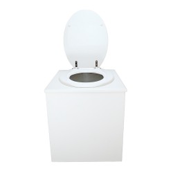 Toilette sèche en bois blanc avec seau plastique 22L, bavette inox, abattant blanc. Modèle rehaussé PMR