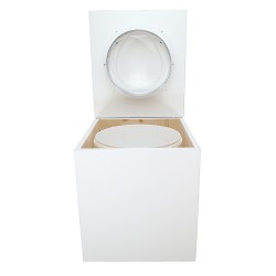 Toilette sèche en bois blanc avec seau plastique 22L, bavette inox, abattant blanc. Modèle rehaussé PMR