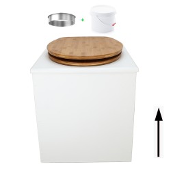 Toilette sèche en bois blanche avec seau plastique 22L, bavette inox, abattant bambou. Modèle rehaussé PMR