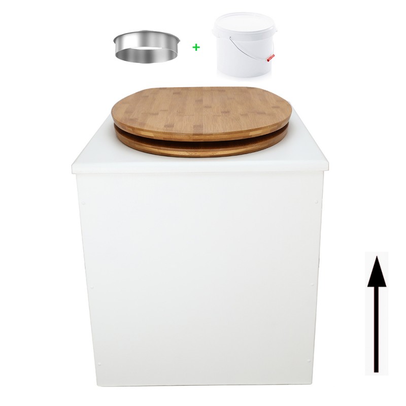 Toilette sèche en bois blanche avec seau plastique 22L, bavette inox, abattant bambou. Modèle rehaussé PMR