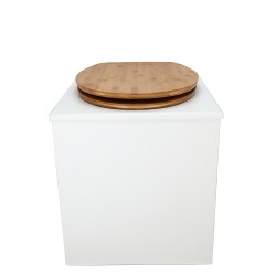 Toilette sèche en bois blanche avec seau plastique 22L, bavette inox, abattant bambou. Modèle rehaussé PMR