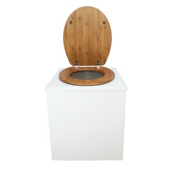 Toilette sèche en bois blanche avec seau plastique 22L, bavette inox, abattant bambou. Modèle rehaussé PMR