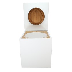Toilette sèche en bois blanche avec seau plastique 22L, bavette inox, abattant bambou. Modèle rehaussé PMR