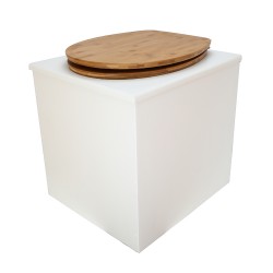 Toilette sèche en bois blanche avec seau plastique 22L, bavette inox, abattant bambou. Modèle rehaussé PMR