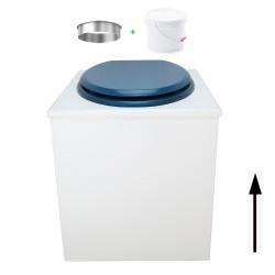 Toilette sèche en bois blanche avec seau plastique 22L, bavette inox, abattant bleu. Modèle rehaussé PMR