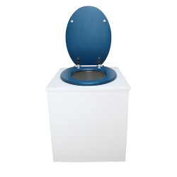 Toilette sèche en bois blanche avec seau plastique 22L, bavette inox, abattant bleu. Modèle rehaussé PMR