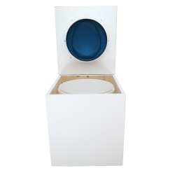 Toilette sèche en bois blanche avec seau plastique 22L, bavette inox, abattant bleu. Modèle rehaussé PMR