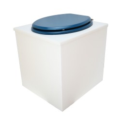 Toilette sèche en bois blanche avec seau plastique 22L, bavette inox, abattant bleu. Modèle rehaussé PMR