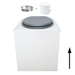 Toilette sèche en bois blanche avec seau plastique 22L, bavette inox, abattant gris. Modèle rehaussé PMR