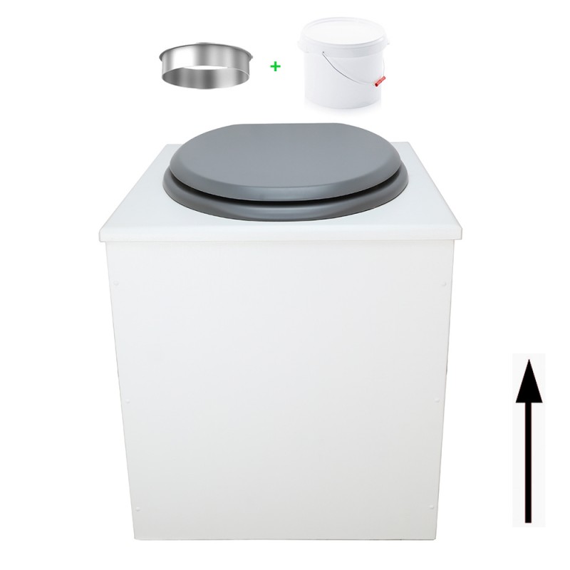 Toilette sèche en bois blanche avec seau plastique 22L, bavette inox, abattant gris. Modèle rehaussé PMR