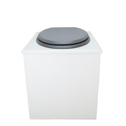 Toilette sèche en bois blanche avec seau plastique 22L, bavette inox, abattant gris. Modèle rehaussé PMR