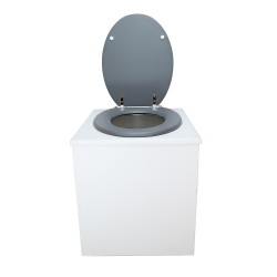 Toilette sèche en bois blanche avec seau plastique 22L, bavette inox, abattant gris. Modèle rehaussé PMR