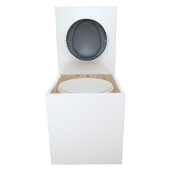 Toilette sèche en bois blanche avec seau plastique 22L, bavette inox, abattant gris. Modèle rehaussé PMR