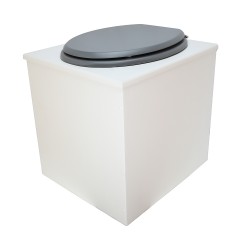 Toilette sèche en bois blanche avec seau plastique 22L, bavette inox, abattant gris. Modèle rehaussé PMR