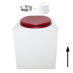 Toilette sèche en bois blanche avec seau plastique 22L, bavette inox, abattant rouge. Modèle rehaussé PMR