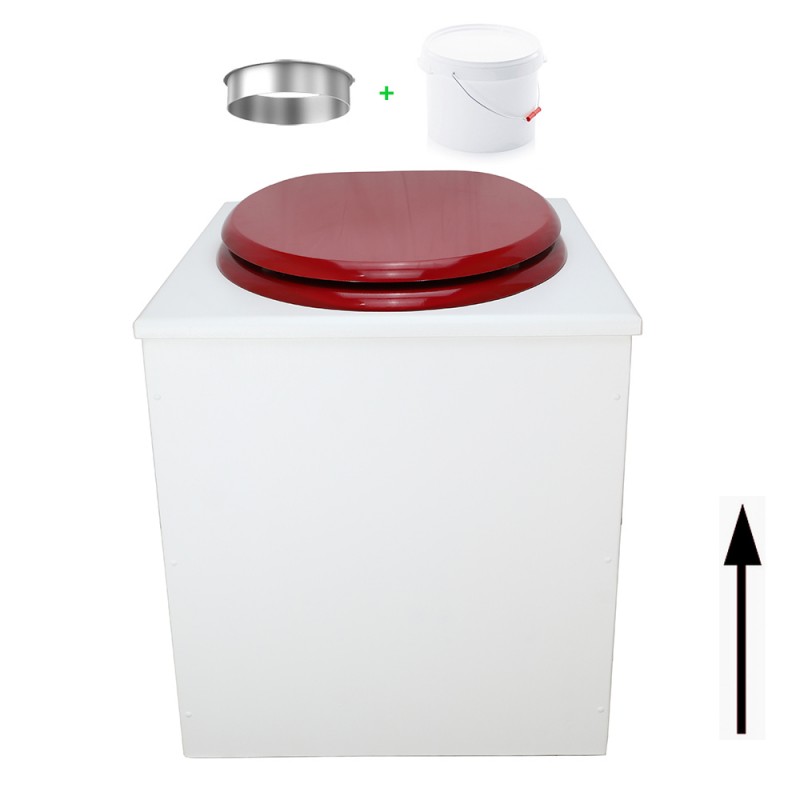 Toilette sèche en bois blanche avec seau plastique 22L, bavette inox, abattant rouge. Modèle rehaussé PMR