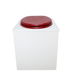 Toilette sèche en bois blanche avec seau plastique 22L, bavette inox, abattant rouge. Modèle rehaussé PMR