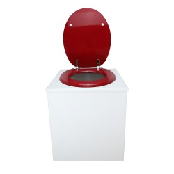 Toilette sèche en bois blanche avec seau plastique 22L, bavette inox, abattant rouge. Modèle rehaussé PMR