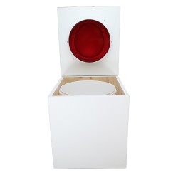 Toilette sèche en bois blanche avec seau plastique 22L, bavette inox, abattant rouge. Modèle rehaussé PMR