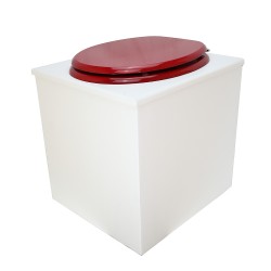 Toilette sèche en bois blanche avec seau plastique 22L, bavette inox, abattant rouge. Modèle rehaussé PMR