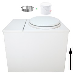 Toilette sèche en bois blanc avec bac intégré. Livré avec bavette inox et seau 22 litres. abattant blanc. modèle rehaussé PMR