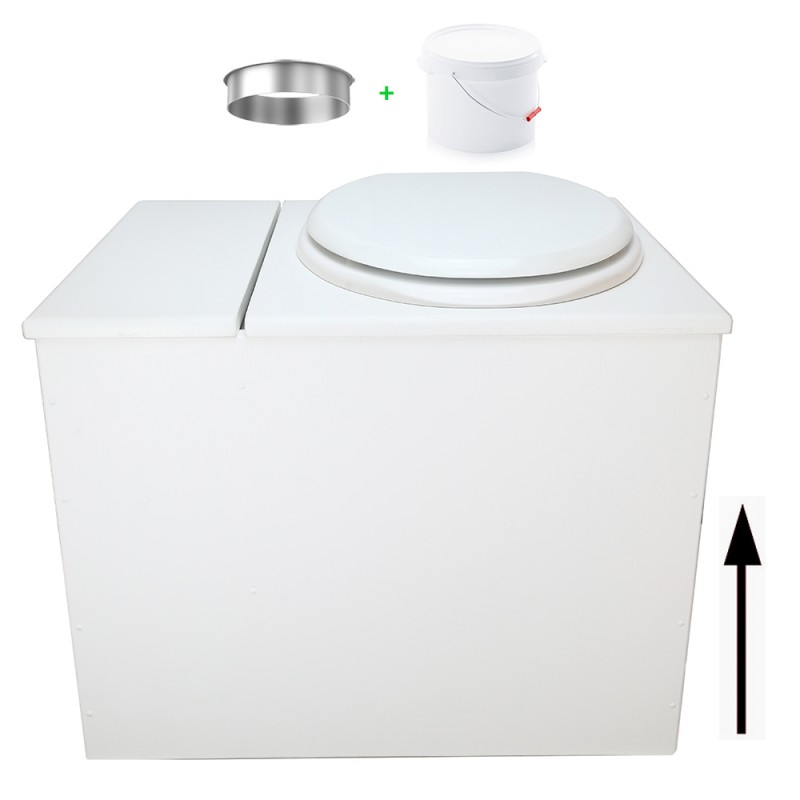 Toilette sèche en bois blanc avec bac intégré. Livré avec bavette inox et seau 22 litres. abattant blanc. modèle rehaussé PMR