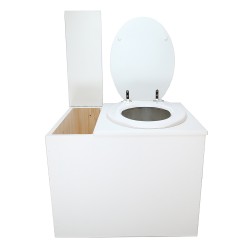 Toilette sèche en bois blanc avec bac intégré. Livré avec bavette inox et seau 22 litres. abattant blanc. modèle rehaussé PMR