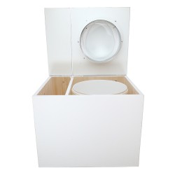 Toilette sèche en bois blanc avec bac intégré. Livré avec bavette inox et seau 22 litres. abattant blanc. modèle rehaussé PMR