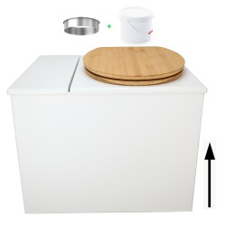 Toilette sèche en bois blanc avec bac intégré. Livré avec bavette inox et seau 22 litres. abattant bambou. modèle rehaussé PMR