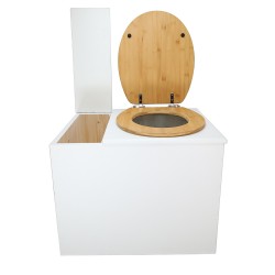 Toilette sèche en bois blanc avec bac intégré. Livré avec bavette inox et seau 22 litres. abattant bambou. modèle rehaussé PMR