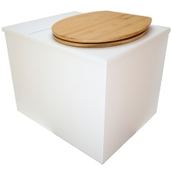 Toilette sèche en bois blanc avec bac intégré. Livré avec bavette inox et seau 22 litres. abattant bambou. modèle rehaussé PMR