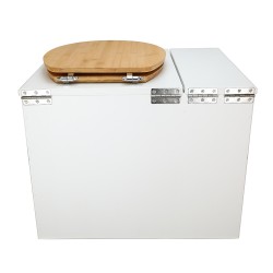 Toilette sèche en bois blanc avec bac intégré. Livré avec bavette inox et seau 22 litres. abattant bambou. modèle rehaussé PMR