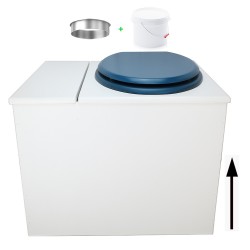 Toilette sèche en bois blanc avec bac intégré. Livré avec bavette inox et seau 22 litres. abattant bleu. modèle rehaussé PMR