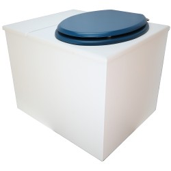 Toilette sèche en bois blanc avec bac intégré. Livré avec bavette inox et seau 22 litres. abattant bleu. modèle rehaussé PMR