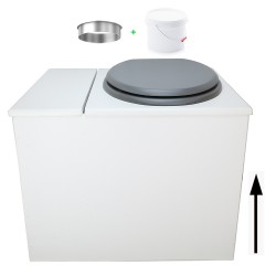Toilette sèche en bois blanc avec bac intégré. Livré avec bavette inox et seau 22 L. abattant gris. modèle rehaussé PMR