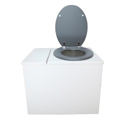 Toilette sèche en bois blanc avec bac intégré. Livré avec bavette inox et seau 22 L. abattant gris. modèle rehaussé PMR